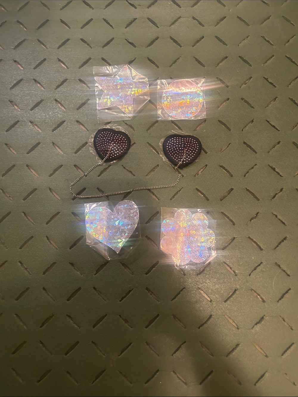 Holographic Heart/ Flower Pasties Rhinestone boobs chain never worn stripper